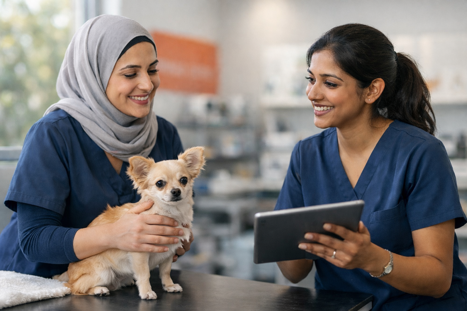 Busy Veterinary Clinic Reception with Pet Owners and Staff.